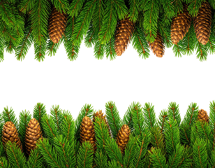 Festive evergreen boughs and pinecones frame a black void for text or imagery
