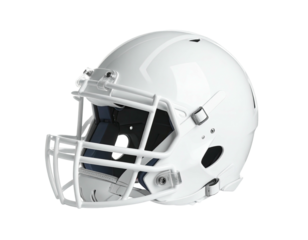 A gleaming white helmet with a face mask, isolated on a solid black background