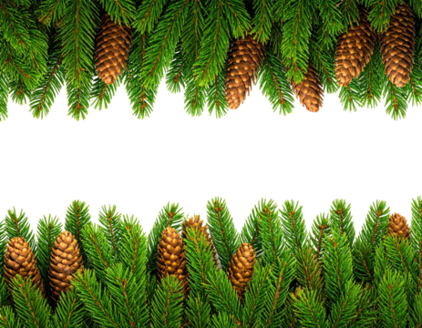 Festive evergreen boughs and pinecones frame a black void for text or imagery - Powered by Adobe