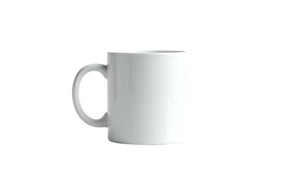 A plain white ceramic coffee mug with a curved handle against a stark black background