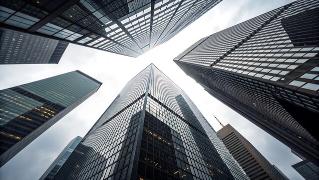 A wormseye view of torontos majestic skyscrapers, their sleek lines and reflective surfaces creating a stunning visual symphony against the backdrop of the sky