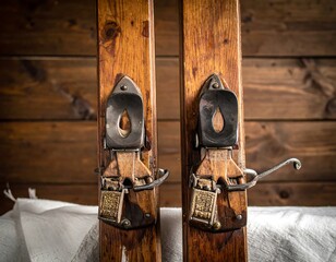 A close-up of old wooden skis with metal bindings against a rustic wood backdrop
