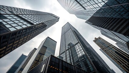 Skyscrapers reaching towards the sky in a bustling city, showcasing modern architecture and urban development with a dramatic perspective and cloudy sky