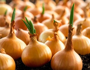 A close-up of onions sprouting green shoots, arranged in rows, on dark soil surface