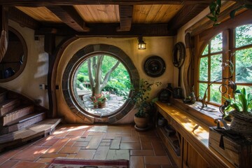 Sunlight streams into a cozy rustic interior, illuminating a round window that offers a picturesque view of a lush garden