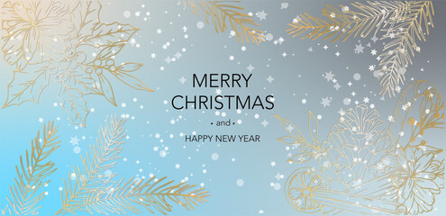 Christmas Card Design. Holiday Greetings Card. Merry Christmas and Happy New Year banner. Trendy vector illustration with Christmas decorations. Web design, social media banner, marketing, ads