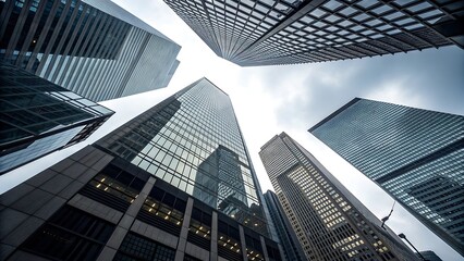 A low angle shot of modern skyscrapers in a city, showcasing their impressive height and architectural design against a cloudy sky, creating a sense of awe