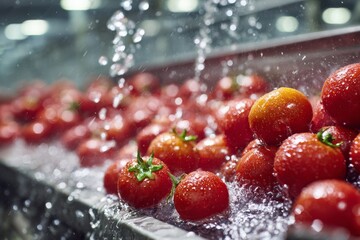 Freshly harvested cherry tomatoes being washed with clean water for processing and packaging, in a food factory setting, highlighting quality and hygiene standards.