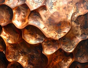 A close-up of shiny, bubbly copper-colored liquid or metal with textured surface details