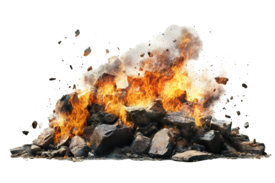 Flames engulfing a large pile of rubble on isolated ground with smoke rising in the air during daylight