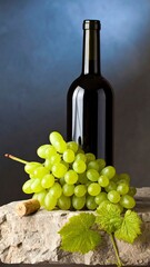 Obraz premium A glass bottle of dark wine stands gracefully on a smooth, stone-colored surface. To its left, a lush cluster of green grapes, fresh and plump, sits invitingly.