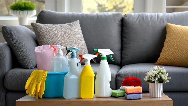 Organizing cleaning supplies on a cozy living room table for an efficient home cleaning routine