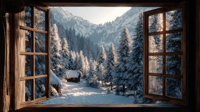 fairy view through the window of a cottage into a snowcovered winter mountains and forest snowy christmas nature background for product display generative ai