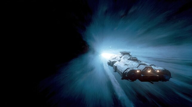 spaceship traveling through glowing blue wormhole
