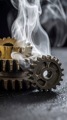 A close-up of stacked metal gears with swirling white smoke against a dark background