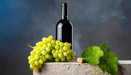 Fototapeta premium A glass bottle of dark wine stands gracefully on a smooth, stone-colored surface. To its left, a lush cluster of green grapes, fresh and plump, sits invitingly.