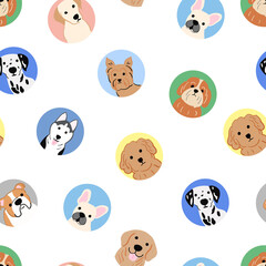 Obraz premium Seamless pattern with various dog breed portraits in colorful circles, Transparent background, png