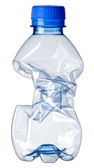 A crushed, clear plastic water bottle with a bright blue cap stands upright