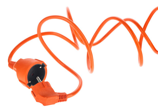 Orange electrical extension cord isolated on white background.