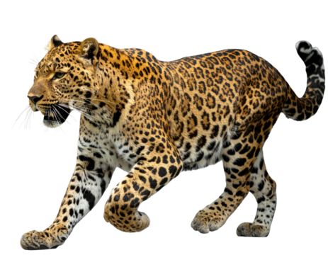 A regal leopard strides confidently forward, showcasing its distinctive spotted coat and powerful build