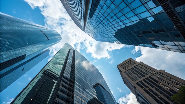 A worms eye view of modern skyscrapers reaching towards a blue sky with fluffy white clouds, showcasing the architectural grandeur of urban development