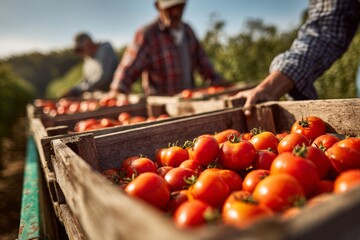 Close-up of freshly harvested ripe tomatoes in wooden crates at a farm, showcasing the vibrant red color and the dedication of local farmers working together.