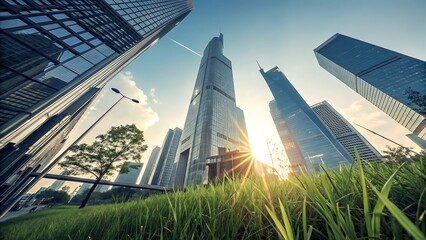 Modern architecture in the city of shanghai with green grass and blue sky, showcasing the beauty of urban development and nature integration in china