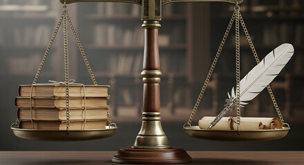 A classic balance scale with old books on one side and a quill pen with parchment on the other, representing law and literature.