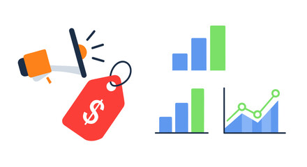 A collection of flat business icons with a megaphone price tag and various growth charts for marketing and data analysis.