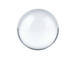 A clear, glossy sphere, set against a stark black background. It reflects light