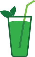 Tall Glass of Green Juice with Leaves and Straw