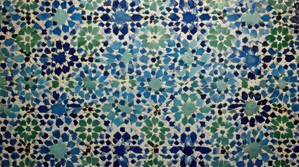moroccan zellige tilework featuring complex starshaped and interlaced geometric designs in shades of blue green and white arranged in a mesmerizing repeating mosaic pattern