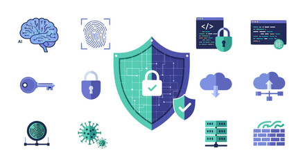 Naklejka premium Digital Cybersecurity and Data Protection Icon Set with Shield and Padlock.