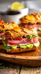 A close-up of three tuna sandwiches topped with roe and sesame seeds, on wooden board