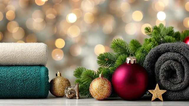 Holiday decorations with towels, ornaments, and pine branches create a cozy and festive atmosphere in a well-lit space filled with sparkling lights