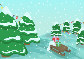 Winter Holiday Vector Background with Snowy Trees, Gifts and Sled in Christmas Forest