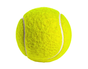A vibrant, close-up shot of a fuzzy, yellow tennis ball, perfectly isolated on a stark black background