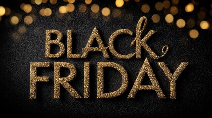 luxurious black friday lettering in sparkling gold glitter sits on a textured black background with festive bokeh lights