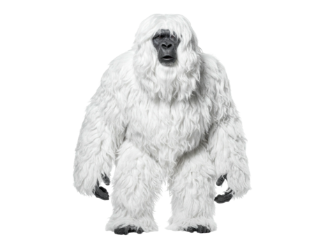 A grayscale depiction of a large, humanoid creature covered in shaggy, white fur, centered on black