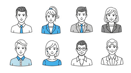 Line Art Business Person Avatars Set: Diverse Professional Profile Icons for Team, Office, and Corporate Use