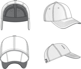 Baseball cap technical drawing front, back, side and inside view, vector fashion flat sketch, unisex sports hat design illustration
