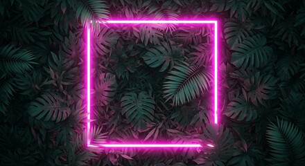 Vibrant pink neon rectangle frame illuminating lush green tropical leaves