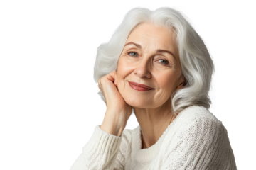 Portrait of a beautiful elderly woman with white hair wearing a cozy sweater, smiling gently while resting her chin on her hand, captured indoors with soft lighting