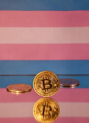 Bitcoin golden coins and Transgender flag vertical stock photo images. Cryptocurrency and LGBTQ...