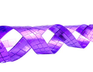 A geometric, interwoven ribbon, digitally rendered in a vibrant gradient of purple hues against black