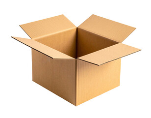 A realistic, empty cardboard box is open on a black background, with the flaps extended