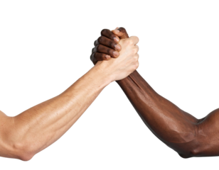 Two arms of different skin tones clasp hands in a demonstration of solidarity
