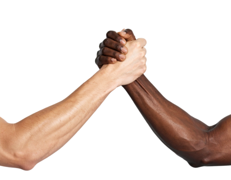 Two arms of different skin tones clasp hands in a demonstration of solidarity