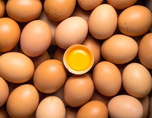 A close-up, overhead shot of tan-colored chicken eggs with one cracked revealing yolk