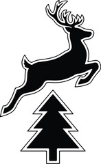 Vector reindeer jumping over christmas tree black and white silhouette illustration